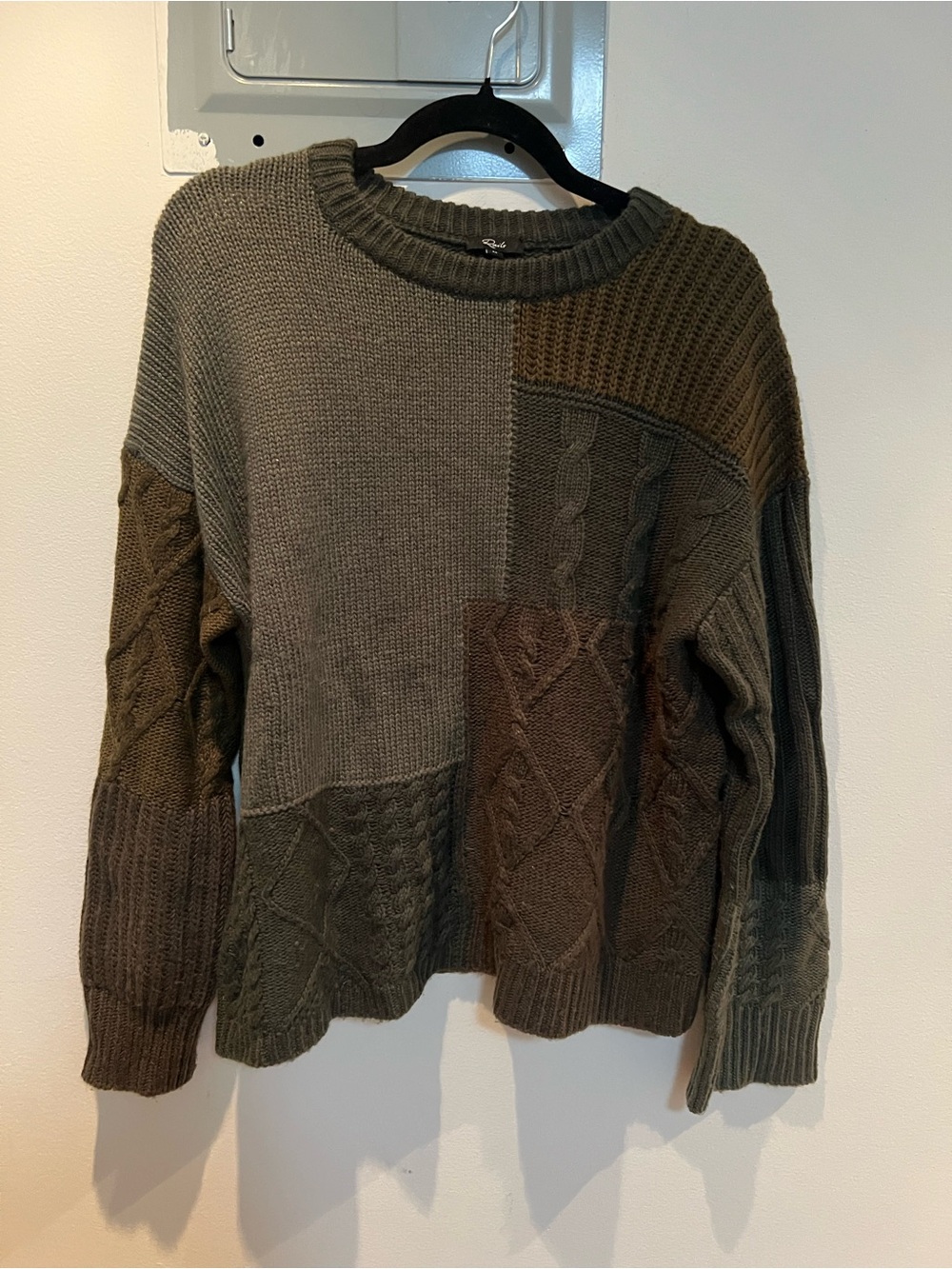 Rails Women’s Patchwork Crewneck Sweater in Olive and Brown